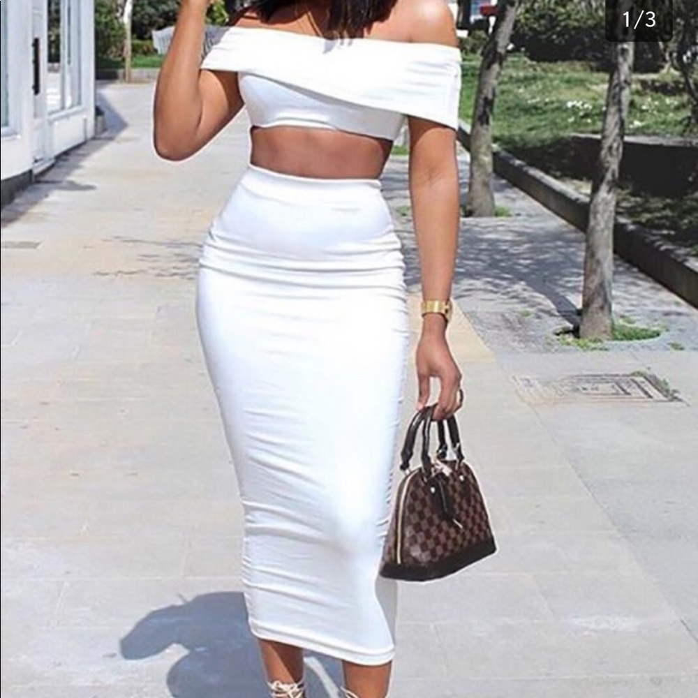 Fold Over Bardot Top and Midi Skirt 2 piece set